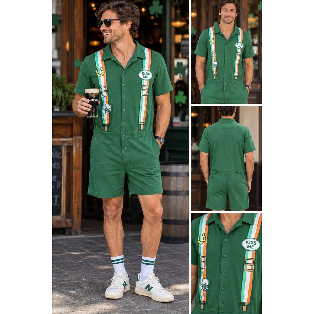 Mad Engine Mens St Patricks Day Romper Green Irish Flag Festival Suspenders M